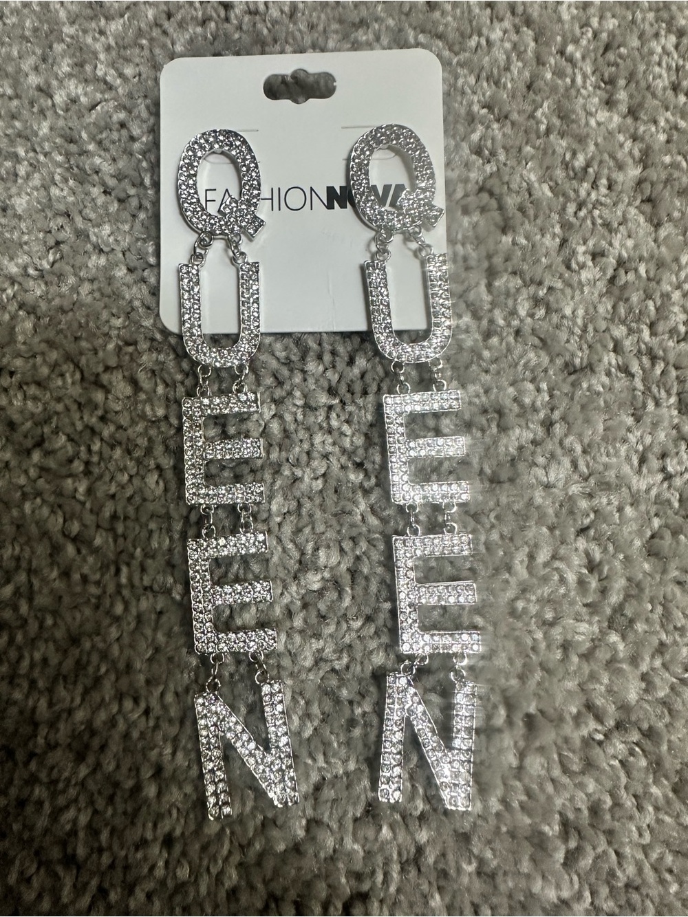 Fashion Nova Silver Crystal 'QUEEN' Statement Drop Earrings